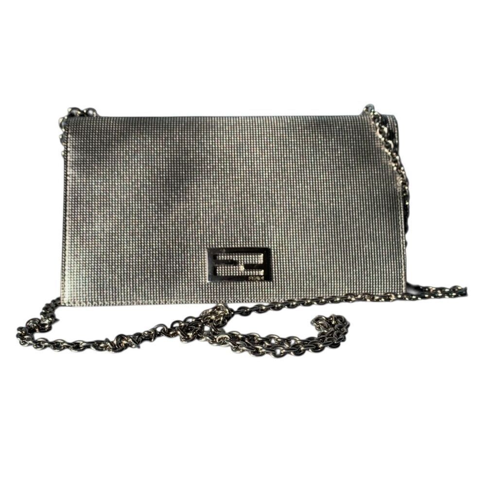 FENDI Metallic Calfskin Wallet On Chain Silver Clutch Purse AUTHENTIC $3800 - Picture 2 of 15